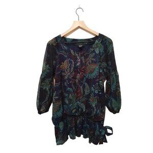 KAKTUS Navy Floral Scoop Neck Peplum 3/4 Sheer Sleeve Blouse Sz XL